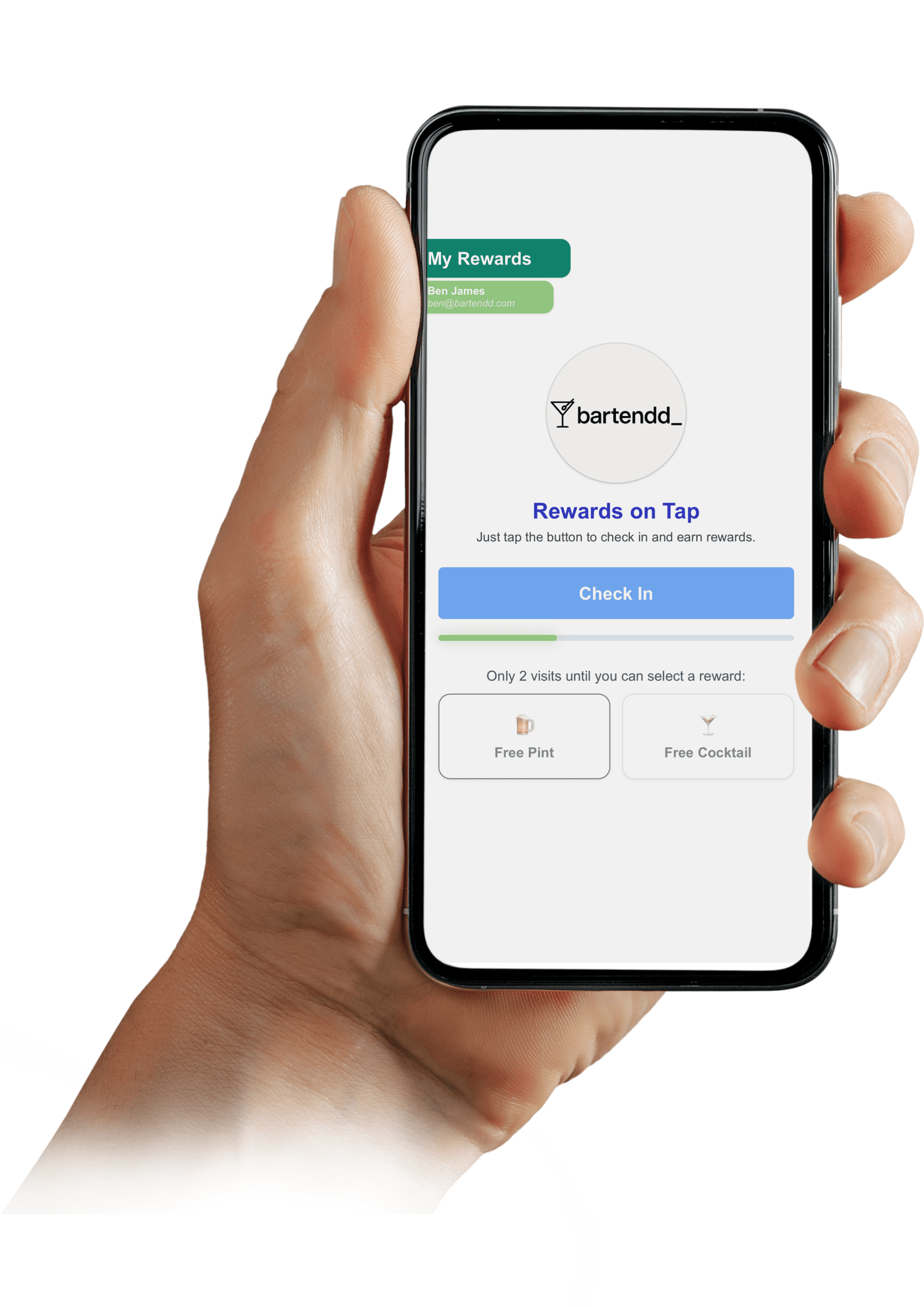 Guest holding phone showing Bartendd rewards